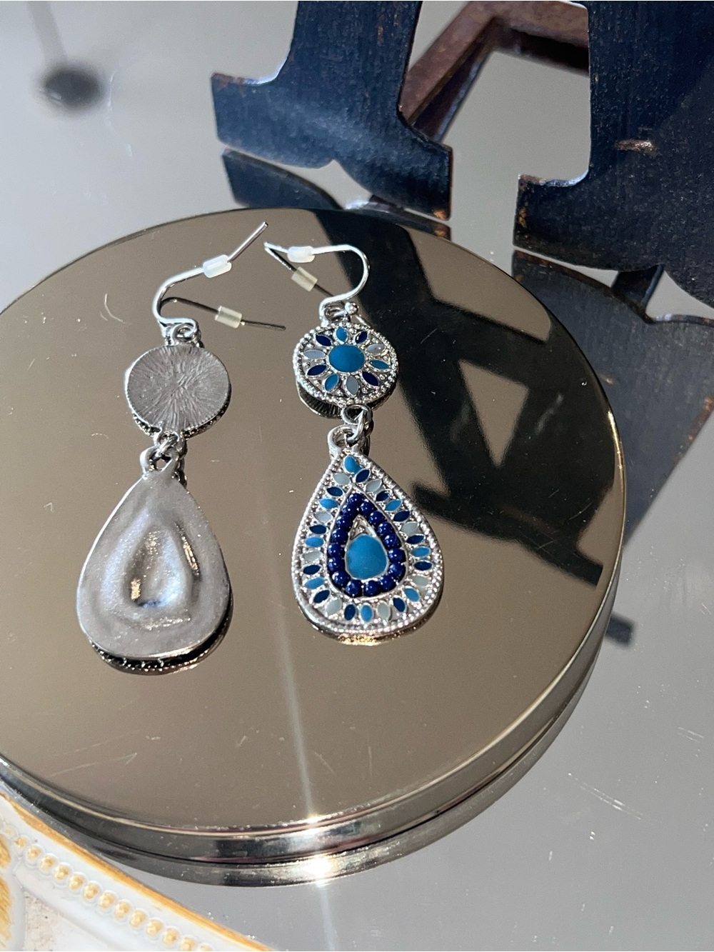 Blue Enamel Teardrop Dangle Earrings - Picture 3 of 3